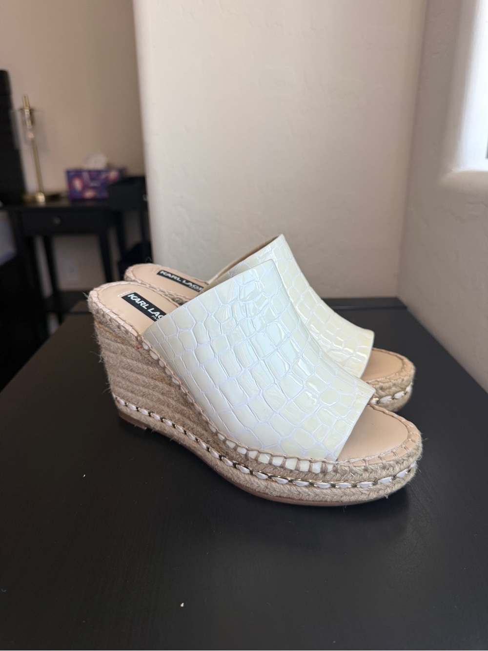 Karl Lagerfeld White Croc-Embossed Espadrille Wedge Slides